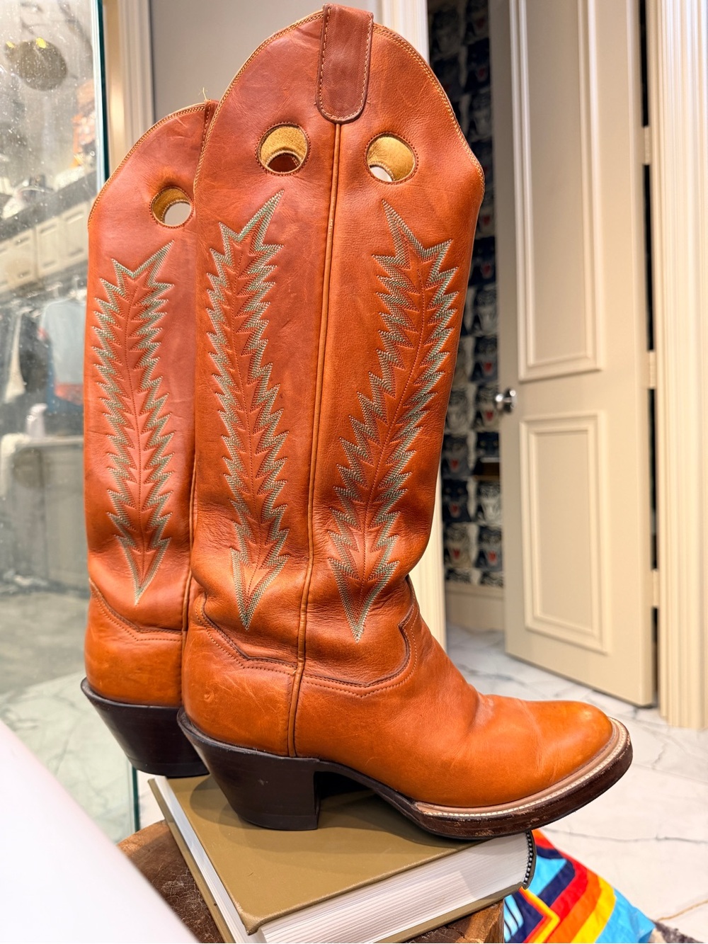 Vintage Panhandle Slim Cowboy Boots Men’s 8.5 E Cognac Turquoise Embroidered
